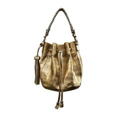 Our metallic gold leather bucket bag is a timeless classic with a modern twist. It comes with not one, but two detachable straps, so you can wear it your way. Choose between the long, luxurious black strap for a chic shoulder bag or opt for a short one, handwoven vibrant pink strap.  Additional Details  Material: Leather Color: Metallic Gold Size: Medium Closure: Drawstring Hardware: Gold  Straps: Detachable Here are a few tips for storing your bag in the dust bag (include in your purchase): -Em Gold Leather Bucket Bag For Formal Occasions, Gold Leather Bucket Bag For Formal Events, Formal Gold Leather Bucket Bag, Luxury Gold Bucket Bag For Formal Occasions, Gold Bags With Gold-tone Hardware For Everyday, Gold Leather Bucket Bag With Gold-tone Hardware, Gold Leather Bucket Bag, Gold Leather Bucket Bag With Detachable Handle, Gold Bucket Bag With Detachable Handle For Evening