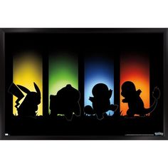 the silhouettes of pokemon and eebi are in front of an image of different colors