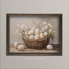 an oil painting of eggs and flowers in a basket