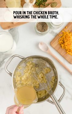 the ingredients to make chicken broth are being mixed together