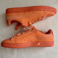 Puma Girl’s Tennis Shoes Suede Style. Great For Woman Too!! Size 8. Perfect Color For Summer Orange Puma Sneakers With Round Toe, Puma Sneakers With Round Toe For Spring, Casual Puma Sneakers For Spring, Orange Lace-up Puma Sneakers, Casual Slip-on Sneakers With Puma Logo, Puma Basket Classic, Suede Style, Shoes Puma, Sassy Hair