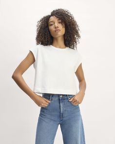 The Organic Cotton Cropped Muscle Tee Boxy Fit Cropped Shirt With Crew Neck For Spring, Relaxed Fit Cropped T-shirt For Everyday, Relaxed Fit Crew Neck Cropped Shirt For Summer, Summer Relaxed Fit Crew Neck Cropped Shirt, Trendy Relaxed Fit Cropped Shirt With Crew Neck, Boxy Fit Cotton Cropped Shirt With Crew Neck, Everyday Cotton Cropped Hem Tops, Cotton Cropped Hem Tops For Everyday, Boxy Cotton Short Sleeve Crew Neck Top