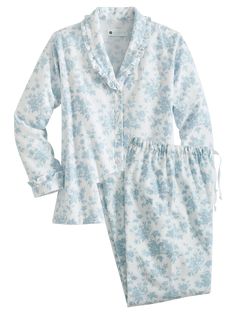 Soft, feminine, and trimmed with beautiful ruffles...that's how we'd describe these lovely flannel pajamas. The pajama top is styled with a flattering ruffled portrait collar and an easy, relaxed fit; the matching bottoms have a full elastic waist with drawstring. Other details include a shirttail hem, long sleeves with ruffled cuffs, and side-seam pockets. Beautiful toile print on our softest all-cotton flannelBrushed flannel is plush, soft, and always warmButton-front top has a flattering port Toile Print, Cotton Pajamas Women, Flannel Nightgown, Vermont Country Store, Best Pajamas, Flannel Pajama Sets, Soft Feminine, Flannel Pajamas, Country Store