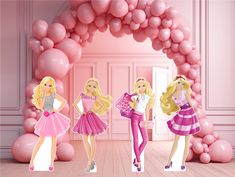 three barbie dolls standing next to each other in front of a pink arch with balloons