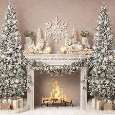 a fireplace decorated for christmas with white and silver decorations on the mantel above it