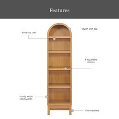 the features of a wooden bookcase with three shelves and four doors, labeled in english