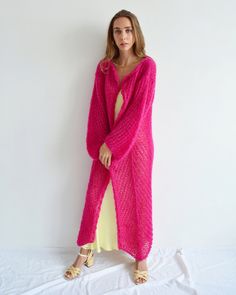 Hello, I'm the one, who won't let you down - fuchsia pink mohair cardigan. I will comfort you, keep you warm and will make you smile. I'm 100% hand made and proud of that. I consist of 35% italian baby alpaca, 35% kid mohair and 30% of nylon, which makes me incredibly natural. I'm quite unique as could be worn all year long. I'm in one size and one size fits all because my measurements are : ❤️ Width -50 cm ❤️ Lengths -128 cm If you would like me in other size, you could request a custom order w Spring Mohair V-neck Cardigan, Chic Soft Knit Pink Outerwear, Chic Pink Soft Knit Outerwear, Oversized Chic Pink Cardigan, Chic Oversized Pink Cardigan, Trendy Pink Open Knit Cardigan, One Size Pink Cardigan For Fall, Trendy Pink Open Front Sweater, Pink Oversized Open Front Cardigan