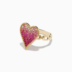 Effy Novelty 14K Yellow Gold Pink Sapphire and Diamond Heart Ring Valentine's Day Pink Gold Heart Cut Ring, Heart-shaped 14k Gold Ruby Promise Ring, Pink Gold Fine Jewelry Rings For Valentine's Day, 14k Diamond Heart Ring For Valentine's Day, Valentine's Day Pink Gold Ring Jewelry, 14k Pink Gold Heart Cut Jewelry, Pink 14k Gold Heart Jewelry, Pink Heart-shaped 14k Gold Jewelry, Yellow Gold Ruby Ring For Valentine's Day Promise