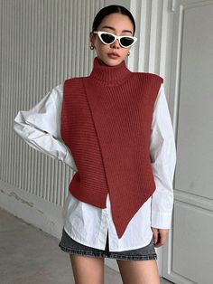 Women Autumn/Winter Casual Asymmetric High Neck Sweater Vest Red Casual   Knitwear Plain  Medium Stretch Spring/Fall Women Clothing, size features are:Bust: ,Length: ,Sleeve Length: Short Poncho, Casual Pullover Sweater, Womens Knit Sweater, Sweater Vest Women, High Neck Sweater, Sleeveless Pullover, Vest Outfits, Collar Sweater