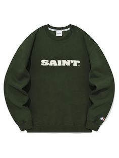 This is a casual and comfortable top by SAINTPAIN that is made out of high quality and sturdy material. With distinctive mood of the design and comfortable wear, you can style it for your casual daily outfit.- Ribbed cuffs and embroidery on the sleeve- Saint embroidery on the chest- Tentar washing processed fabric Green Crew Neck T-shirt With Letter Print, Khaki Crew Neck Sweatshirt With Ribbed Cuffs, Casual Logo Tops For College, Casual College Tops With Logo, Green Casual Logo T-shirt, Casual Green Logo T-shirt, Green Casual T-shirt With Logo, Green Cotton Sweatshirt With Logo Print, College Crew Neck Sweatshirt With Logo