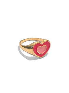 A gold finished ring with a bright pink 70s heart in the middle. The ring is around a size 7, but we encourage you to wear this as a ring for any finger- it looks great as a midi ring too! Pairs beautifully with our Groovy Nailz 100% Zinc Alloy. Keep away from moisture to prevent fading. Cute Gold Heart Ring For Valentine's Day, Gold Heart Ring For Valentine's Day, Cute Gold Rings For Valentine's Day, Retro Heart-shaped Jewelry For Valentine's Day, Trendy Pink Enamel Ring As Gift, Trendy Pink Enamel Ring For Gift, Pink Open Ring Jewelry For Valentine's Day, Cute Heart Ring For Valentine's Day, Trendy Heart-shaped Rings For Valentine's Day