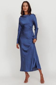 Shop the Loveland Cowl Back Midi Dress Navy | Selfie Leslie Elegant Long Sleeve Bias Cut Maxi Dress, Bias Cut Dress For Date Night, Elegant Bridesmaid Dress With Bias Cut, Long Sleeve Midi Dress For Prom Season, Long Sleeve Midi Dress For Evening Wedding, Long Sleeve Evening Midi Dress For Wedding, Long Sleeve Bias Cut Formal Dress, Elegant Fall Midi Dress With Ruching, Knee-length Bias Cut Dress For Date Night