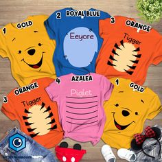 winnie the pooh tshirt with names and pictures on it, all in different colors