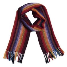 Bring the beauty of an Andean rainbow to your wardrobe with this scarf from Peru. Designed and handwoven of 100% alpaca by the talented artisans of the Ulloa Family the soft scarf features bright multicolored stripes along its length completed at the ends with fringes. Alpaca Scarf, Soft Scarf, Striped Scarves, Infographic Design, Scarf Styles, Winter Coat, Alpaca, Scarf Wrap, Peru