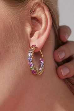 Stand out in style and add a sweet pop of color to your look with these multi-colored pastel hoop earrings. These pretty and playful earrings are the perfect accessory to liven up any outfit. Colored Hoop Earrings, Gem Hoop Earrings, Playful Earrings, Kite Earrings, Wardrobe Interior, Colourful Earrings, Product Stand, Bride Earrings, Crystal Hoop Earrings