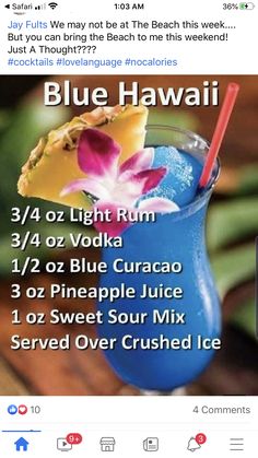 Blue Hawaiian Drink, Alcholic Drinks, Cocktail Drinks Alcoholic, Yummy Alcoholic Drinks, Mixed Drinks Alcohol, Liquor Drinks, Boozy Drinks, Fancy Drinks, Mixed Drinks Recipes