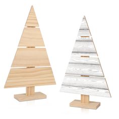 two wooden christmas trees on white background with clippings to the top and bottom