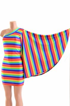 Rainbow Stripe One Shoulder Fan Sleeve Bodycon Dress in Stretchy Spandex  Gay Pride 153934 Dress Outfits Design, Umbrella Academy Oc, Photo Analysis, Pride Dress, Rainbow Costume, Pride Parade Outfit, Rainbow Clothing, Dress Shorts Outfit, Pride Jewelry