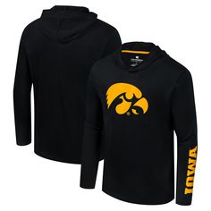 Show your Iowa Hawkeyes pride in comfort and style with this Colosseum Logo Lockup Active Blend Long Sleeve T-Shirt Hoodie. This long-sleeve tee is crafted from a blend of cotton and polyester, making it ideal for casual wear or a more active lifestyle. The Iowa Hawkeyes logo is prominently displayed on the front, while the wordmark down the left sleeve adds a subtle touch of team spirit. This tee is perfect for representing your Iowa Hawkeyes fandom wherever you go. Collegiate Long Sleeve Hoodie With Logo Print, Hooded Tops For Fan Merchandise, Fan Merchandise Drawstring Hood Top, Sporty Tops With Drawstring Hood For Fan Merchandise, Casual Tops With Drawstring Hood For Fans, Team Logo Tops For Fall Fan Gear, Team Logo Tops For Fan Gear In Fall, Collegiate Hooded Tops For Game Day, Game Day Fan Apparel Tops With Drawstring Hood