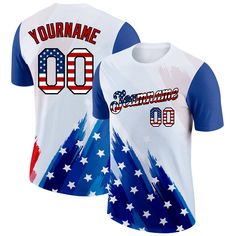 Custom White USA Flag Royal Red-Black 3D American Flag Fashion Performance T-Shirt Short Sleeve Sublimation Print T-shirt For Sports Events, Short Sleeve T-shirt With Sublimation Print For Sports, Customizable Crew Neck T-shirt For Fan Gear, Customizable White Fan Apparel T-shirt, Team Name Short Sleeve T-shirt For Sports Events, Sports Fan T-shirt With Sublimation Print For Streetwear, Sports Fan T-shirt With Sublimation Print And Crew Neck, Sports Fan T-shirt With Sublimation Print, Red T-shirt For Team Events