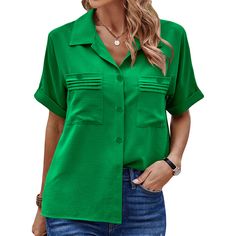 Green Solid Pleated Button Pocket Short Sleeve Shirt Office Shirt With Pockets And Short Sleeves, Office Tops With Collared Buttoned Pockets, Collared Office Tops With Buttoned Pockets, Green Office Tops With Button Closure, Collared Tops With Buttoned Pockets For Office, Office Tops With Buttoned Pockets And Collar, Green Short Sleeve Tops For Business Casual, Solid Color Button-up Short Sleeve Shirt For Business Casual, Office Blouse With Buttoned Pockets And Collar