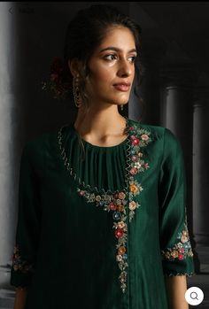 Green Dress With Jacket, Angrakha Style, Emerald Green Dress, Dress With Jacket, Kurti Embroidery Design, Emerald Green Dresses, Kurta Neck Design, Dress Neck Designs, Kurti Neck Designs