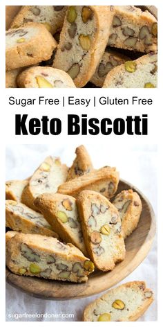 keto biscotti on a wooden plate with text overlay that reads sugar free easy gluten free keto biscotti