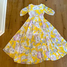 Brand-New Flowing, Lined, Maxi Dress Yellow Floral Print Midi Dress For Garden Party, Yellow Lined Midi Dress For Summer, Yellow Lined Fitted Midi Dress, Yellow Fitted Lined Midi Dress, Yellow Fitted Midi Dress With Lining, Yellow Fitted Midi Dress, Lined, Yellow Dress For Garden Party, Yellow Lined Midi Dress, Yellow Lined Maxi Dress For Summer