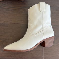 Pointed Toe Cowboy Boots In Size 7.5. 2 Inch Heel. Never Been Worn Western Style Beige Boots With Low Heel, Cream Snip Toe Boots For Fall, Beige Snip Toe Heeled Boots For Fall, Fall Beige Snip Toe Heeled Boots, Cream Pointed Toe Boots For Fall, Cream Low Heel Boots For Fall, Cream Pointed Toe Mid-calf Boots For Fall, Cream Wide Calf Pointed Toe Boots, Beige Western Boots With Low Heel