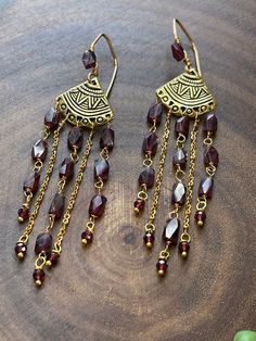 Bohemian Red Gemstone Earrings, Gold Garnet Teardrop Earrings, Amber Earrings With Dangling Beads For Gift, Gold Teardrop Garnet Earrings, Burgundy Dangle Earrings, Gold Garnet Dangle Earrings, Handmade Ruby Dangle Earrings, Garnet Drop Earrings With Ear Wire, Handmade Burgundy Drop Earrings