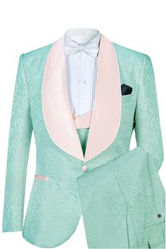 Angus Bespoke Light Green Jacquard Wedding Suits With Shawl Lapel Green Tuxedo With Suit Collar For Wedding, Green Tuxedo Style Three-piece Suit For Wedding, Green Three-piece Suit For Wedding With Suit Collar, Green Notch Lapel Three-piece Suit For Wedding, Elegant Green Three-piece Suit For Party, Elegant Green Three-piece Party Suit, Fitted Green Tuxedo For Wedding, Elegant Green Sets With Suit Collar, Green Tuxedo Blazer For Wedding