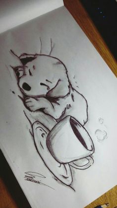 a drawing of a bear sitting on top of a toilet with a cup in its mouth