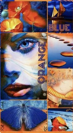 an orange and blue collage with images of women's faces, flowers, butterflies, and water