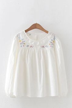 Clothing Length: regular Decoration: Embroidery Elasticity: Non Stretch Sleeve Style: regular Fabric Type: Broadcloth Material: cotton Pattern Type: Solid Tops Type: TEES The fabric name: cotton The main content of fabric content: 51%-70% style: embroidered Sleeve length: Long sleeve Get model: Round collar Cute Modest Tops For Women, White Crew Neck Top With Floral Embroidery, White Crew Neck Blouse With Floral Embroidery, Cute Multicolor Embroidered Tops For Spring, Cute Multicolor Embroidery Tops For Spring, Cute White T-shirt With Machine Embroidery, White Long Sleeve Tops With Floral Embroidery, Casual White Top With Floral Embroidery, White Floral Embroidery Long Sleeve Tops