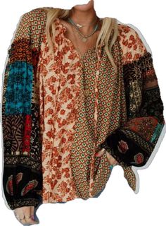 Bohemian V-neck Top With Boho Print, Bohemian Patchwork Blouse For The Beach, Fall Bohemian V-neck Blouse, Bohemian Patchwork Blouse For Vacation, Multicolor V-neck Peasant Top For Festival, Bohemian V-neck Printed Blouse, Bohemian V-neck Blouse With Boho Print, Casual Long Sleeve Free Size Blouse, Bohemian V-neck Peasant Top With Floral Print