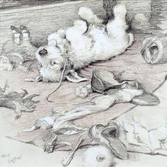 a pencil drawing of a dog laying on the ground with its head in his paws