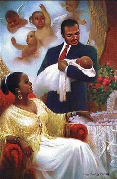 a painting of a man holding a baby in his arms and two women sitting next to him