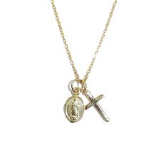 Cross and Mary Combo Necklace Polished Yellow Gold Charm Necklaces, 14k Yellow Gold Cross Pendant Charm Necklace, Classic Gold Charm Necklaces With Polished Finish, White Gold Necklace With Charms Fine Jewelry, Yellow Gold Charm Necklaces With Cross Pendant, 14k Gold Cross Pendant Charm Necklace, Gold 14k Cross Pendant Charm Necklace, Tarnish Resistant 14k Gold Charm Necklace In Gold-tone, 14k Gold Tarnish-resistant Cross Pendant Jewelry