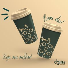 two coffee cups sitting next to each other with the words beu dia on them