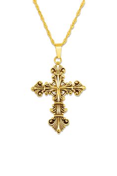 The Lament Gold Cross Necklace is adorned with the solemnity of a cross, a symbol of enduring significance. It is not just a necklace; it's a relic that resonates with the echoes of ancient times, recounting stories of timeless grace. Bathed in rich, opulent gold, this pendant captures the essence of both elegance and darkness. Its golden sheen is a reflection of the allure of the nocturnal, a reminder that beauty thrives even in the heart of the shadows. Size Info: Chain: 72cm Cross: 50mm. Stainless Steel 18k Gold Plaiting. Tarnish Resistant Spiritual Cross Jewelry, Tarnish Resistant Cross Necklace For Formal Occasions, Tarnish-resistant Cross Necklace For Formal Occasions, Formal Tarnish-resistant Cross Necklace, Spiritual Cross Pendant Necklace For Formal Occasions, Classic Cross Necklaces For Gifts, Gold Filigree Cross Pendant Necklace, Spiritual Cross Necklace In Yellow Gold, Gold Cross Jewelry With Large Pendant