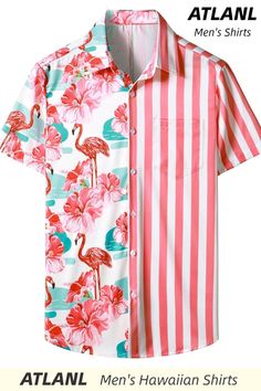 Great for summer vacation, daily leisure, sun beach, travel, cruise, rock parties, concert, streetwear, stage performance, dating, urban style, themed parties etc. Travel Cruise, Flamingo Shirt, Sun Beach, Stage Performance, Beach Travel, Mens Hawaiian Shirts, Beach Shirts, Button Front Shirt, Pink Stripes