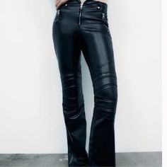 Nwt Faux Leather Pants With Belt Loops. False Zippered Front Pockets. Padded Details At Knees. Front Zip Closure. Front Dip Opening. Panel Detailing Around Thighs And Below The Knee. Perfect Condition, Never Worn. True To Size. No Longer Able To Purchase At Zara. Very Trendy And Flattering. Zara Ref 5427/541 High Waist Leather Pants With Zip Fly, High Waist Pants With Zip Fly For Party, Chic Bottoms With Zipper Closure For Going Out, Chic Pants With Zipper Closure For Night Out, Chic Going Out Bottoms With Zipper Closure, High Waist Party Pants With Zip Fly, Party High Waist Pants With Zip Fly, High Waist Leather Pants With Zipper For Fall, Trendy High Waist Leather Pants With Zipper