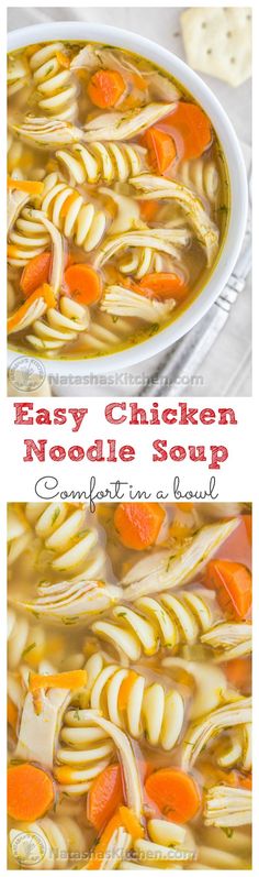 easy chicken noodle soup with carrots and parmesan bread