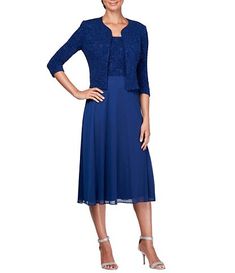 Alex Evenings Jacquard Knit Jacket Dress 6 Panel Skirt, Dillards Dresses, Gown With Jacket, Evening Midi Dress, Satin Gowns, Panel Skirt, Dress And Jacket Set, Dress Attire, Party Inspo