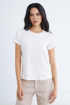 The Melrose Tee is an essential addition to any wardrobe, boasting a soft fabric that provides comfort and style. Featuring a center back seam and triangle insets at the hem, this shirt offers a perfect fit for all body types. Upgrade your t-shirt game with the Melrose Tee. 100% Cotton Models are 5'8" and wearing a size small Everyday Washed Top With Shirttail Hem, Everyday Washed Tops With Shirttail Hem, Washed Tops With Shirttail Hem For Everyday, Effortless Crew Neck Soft-washed T-shirt, Effortless Soft-washed Crew Neck T-shirt, Spring Soft-washed T-shirt With Shirttail Hem, Soft-washed T-shirt With Shirttail Hem For Spring, Soft-washed Shirttail Hem T-shirt For Spring, Spring T-shirt With Shirttail Hem For Everyday Wear