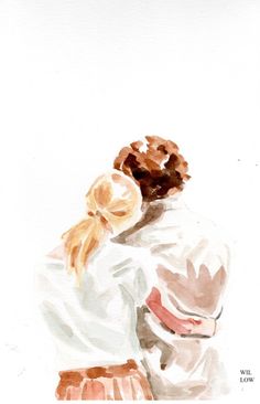 watercolor painting of two people hugging each other in front of a white background with the words love written on it