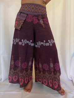 "Waist: Approx.19\" to 38\" Hips: Approx. 19\" to 38\" Length: Approx.37\" Material : 100% Organic cotton This Cotton Plazzo Pant with Hand Embroidery has the adjustable waist with elastic and fits most sizes and is perfect for practising yoga , dancing and can be dressed up. The embroidery on the top can be little different as it is hand embroidery. WE GLADLY ACCEPT FREE RETURNS" Bohemian Non-stretch Bottoms With Boho Print, Stretch Hippie Pants For Festivals, Bohemian Brown Pants With Pockets, Brown Bohemian Pants For Festival, Bohemian Brown Pants For Festival, Hippie Style Brown Bottoms For Festival, Bohemian Brown Cotton Pants, Brown Hippie Bottoms For Festival, Hippie Style Brown Festival Bottoms