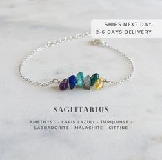 "From November 22 to December 21, the Sun is in Pisces ♐️ This raw crystal bracelet is carefully thought out and is designed with natural gemstones specifically for Sagittarius. It compliments and enhances their peace, harmony and well being. It is made of the following raw crystals: Amethyst, Lapis Lazuli, Turquoise, Labradorite, Malachite and Citrine. (Check photos to see how the gemstones work with Sagittarius energy.) It is perfect for layering and will be a meaningful November and December Sagittarius Jewelry, Sagittarius Astrology, Crystals Amethyst, December Birthday Gifts, Zodiac Sign Astrology, Astrology Jewelry, December Birthday, Sagittarius Zodiac, Raw Crystals