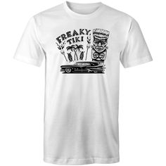 Show off your unique creepy style with the Freaky Tiki t-shirt. This unisex design is perfect for everyday trick-or-treating, after all it's Hula-ween all year around. This design features a franken-tiki, a hot-rod hearse, flaming skull tiki torches and tiki masks - everything you could possibly want! Black print on white t-shirt. AS Colour – Men’s Staple Regular Tee Made from beautifully soft 180 GSM 100% cotton (Grey marle 15% polyester), the t-shirt is super comfy with a great modern cut. Fea White Halloween T-shirt With Front Print, Halloween White T-shirt With Front Print, White Pop Culture T-shirt For Halloween, White Graphic T-shirt For Halloween, Halloween White Graphic T-shirt, White Halloween T-shirt With Graphic Design, White Halloween Graphic Design T-shirt, White Horror T-shirt With Crew Neck, White Crew Neck Horror T-shirt