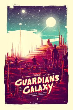 the poster for the upcoming film, guardianss galaxy is shown in red and blue